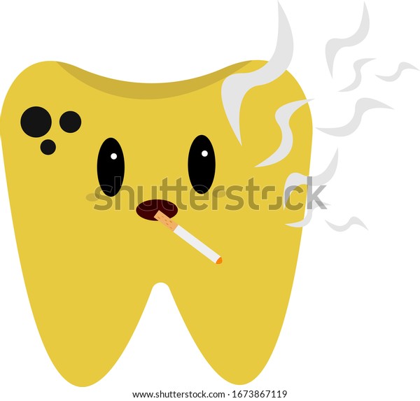 白い背景に悪い習慣と健康物の口の中にたばこを入れた 病気で暗くなった歯の漫画のキャラクター のベクター画像素材 ロイヤリティフリー