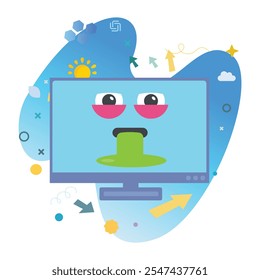 Carácter enfermo del ordenador del día en la pantalla del monitor del ordenador - Ilustración vectorial perfecta para los Diseños divertidos y alegres | Diseño del icono del día enfermo en la pantalla del monitor de la computadora