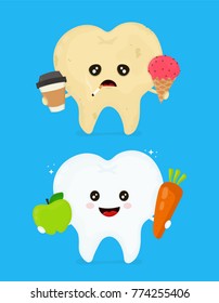 Sick dirty unhealthy tooth with coffee,ice cream,smoke cigarette and healthy tooth. Hygiene medical, caries concept,bad teeth,nutrition concept. Vector flat illustration icon cartoon character design.