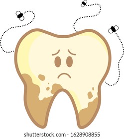 Sick and dirty yellow tooth character with teeth spots and flies