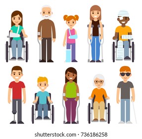 Sick and disabled characters set. Trauma and injury, people in wheelchairs, children and seniors. Healthcare vector illustration.