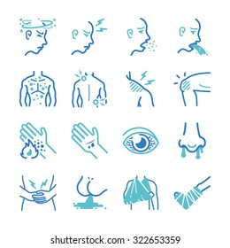 Sick and disease icon set. Included the icons as illness, symptoms, sickness, broken, diarrhea, pain and more.