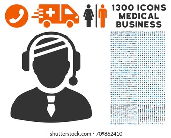 Sick Dispatcher grey vector icon with 1300 medical commerce symbols. Clipart style is flat bicolor light blue and gray pictograms.