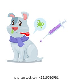 Sick Dog Infected With Virus Bacteria And Medicine Syringe. Animal Healthcare Symbol Cartoon Vector