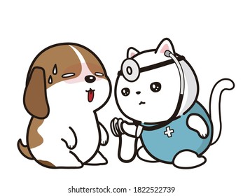 The sick dog and a veterinarian (cat).