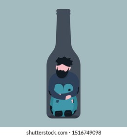 Sick drunk man in the bottle of wine. Concept flat vector illustration of alcohol addiction. Vector.