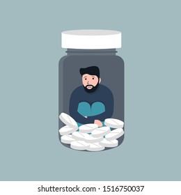 Sick drunk man in depression drowning in medications. Concept flat vector illustration of drug addiction.