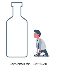 Sick drunk man on the knees beside the bottle of wine. Concept flat vector illustration of alcohol addiction. Vector flat design illustration.