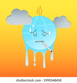 Sick earth character with medical thermometer having fever. Global warming and climate change concept. Vector illustration outline flat design style.