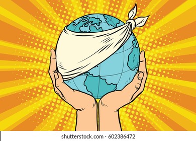 Sick Earth, ecology and nature. Blue planet in human hands. Pop art retro vector illustration