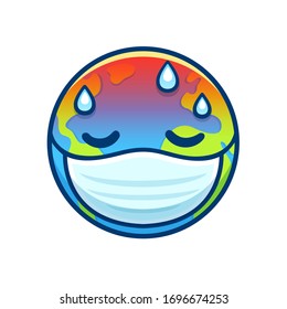 Sick Earth in face mask having fever with drops of sweat. Global pandemic cartoon character drawing. Isolated vector clip art illustration.