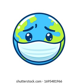 Sick Earth in face mask with worried face. Disease pandemic and global health crisis, cute cartoon drawing. Isolated vector clip art illustration.