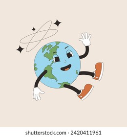 Sick Earth mascot in retro style. Climate crisis. Cute planet character with dizziness. Vector fallen globe with face illustration.