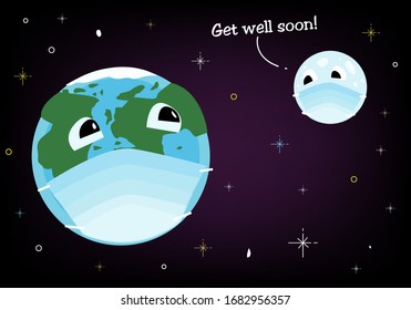 Sick earth and moon wishes the planet to get well concept. Editable Clip Art.
