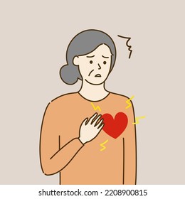 Sick elder woman suffering from heart attack. Woman feeling heartache. Healthcare, disease, symptom, care concept. Hand drawn character vector design isolated Illustration.