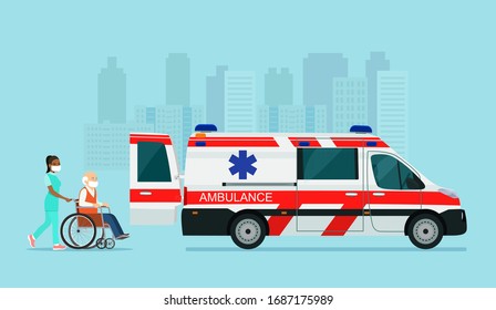 A sick elderly man in a mask is placed in an ambulance. Vector flat style illustration.