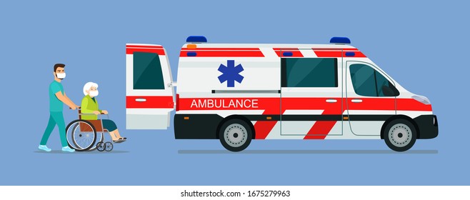 A sick elderly woman in a mask is placed in an ambulance. Vector flat style illustration.