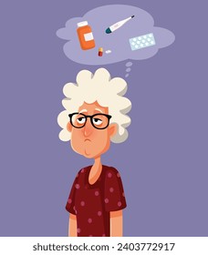 
Sick Elderly Woman Thinking Which Treatment to take Vector Illustration. Unhappy senior lady suffering from dementia trying to remember tot take her pills
