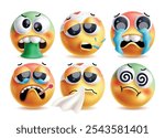 Sick emoji clipart vector characters set. Illness emojis like vomiting, cough, sob, fever, sneezing and dizziness facial expression 3d characters in white background. Vector illustration sick emojis 