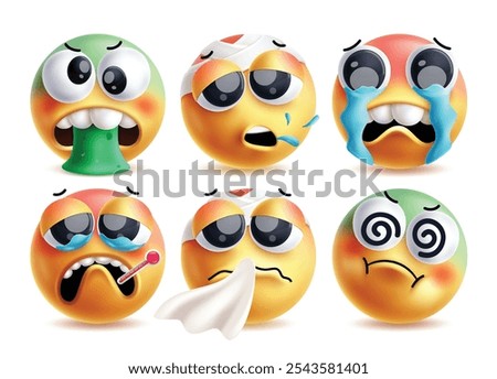 Sick emoji clipart vector characters set. Illness emojis like vomiting, cough, sob, fever, sneezing and dizziness facial expression 3d characters in white background. Vector illustration sick emojis 