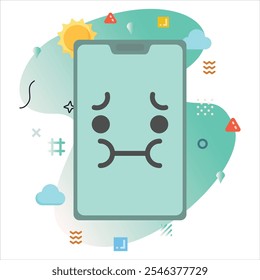 Sick Emoji on a Smartphone Screen: Modern Illustration Design with a Creative Touch of Colorful Geometric Elements | Sick Emoji Icon Design on Smartphone Screen