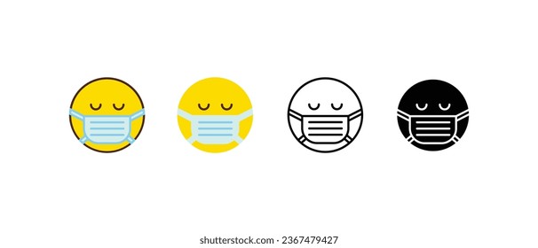 Sick emoticon with medical or surgical mask for online chat in comment reaction. Round face with medical mask cartoon bubble emoticons icon. Vector illusration. Design on white background. EPS 10.