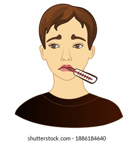 A Sick Emoticon That Has A Flu Or Ill Is Measuring His Temperature Holding A Thermometer In His Mouth, Simplistic Facial Expression Vector Illustration, Man Cartoon Character