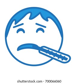 a sick emoticon that has a flu or ill is measuring his temperature holding a thermometer in his mouth, simplistic facial expression vector illustration, circle or ball shaped cartoon character, eps 10
