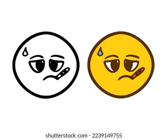 Sick emoticon with thermometer in doodle style isolated on white background