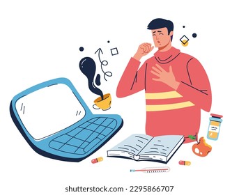Sick employee work tired having cold and flu concept. Vector graphic design illustration element