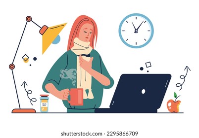 Sick employee work tired having cold and flu concept. Vector graphic design illustration element