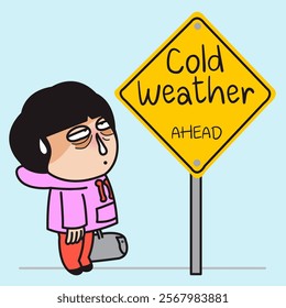 Sick Exhausted Young Woman In Warm Clothes Looking At Cold Weather Signage. Winter illness Concept Cartoon Character illustration