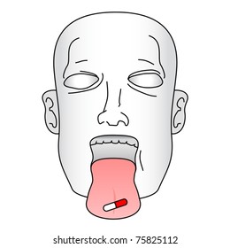 Sick face drawing showing a capsule with your tongue