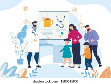 Sick Family with Cough Visiting Doctor Cartoon. Father, Mother, Son, Daughter at Physician Appointment. Hot Drinks and Pills Therapist Prescription in Patients Card. Vector Illustration