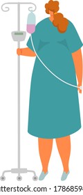 Sick female character standing in medical hospital, woman hold dropper with therapeutic drug isolated on white, cartoon vector illustration. Dangerous health condition, people clinic patient.