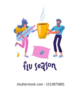 Sick female Person Having flu or Cold. Ill Woman Wrapped in Warm scarf holding big thermometer. Man Giving her Hot Drink in huge cup. Family care concept. Modern Cartoon Flat Vector Illustration.