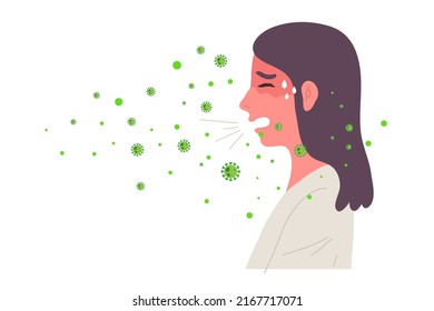 Sick female sneezing or coughing then spread virus in the air. Covie-19, Cold and Flu, virus or respiratory disease pandemic. Flat vector illustration health cartoon.