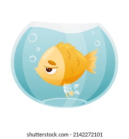 Sick Fish In Aquarium. Sad Fish With Bandage On Its Fin Cartoon Vector Illustration