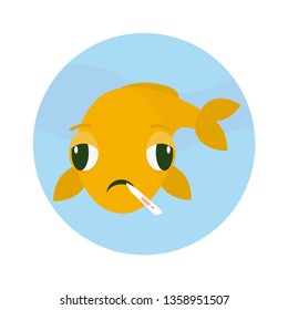 Sick fish in water. Vector cartoon illustration for Veterinary Medicine, animal health. Pet patient.