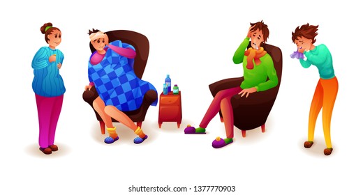 Sick flat characters set. Man with flu measuring body temperature. Teenager with influenza sneezing. Guy having headache isolated clipart. Illness, seasonal cold symptoms. Medicines, drugs on table