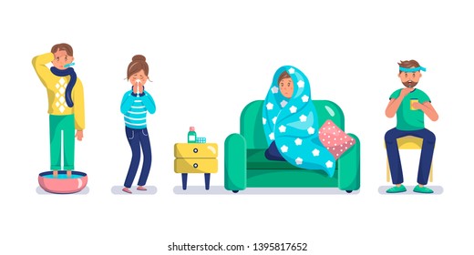 Sick flat characters set. Man with flu measuring body temperature. Woman with influenza sneezing. Guy having headache isolated clipart. Illness, seasonal cold symptoms. Medicines, drugs on table