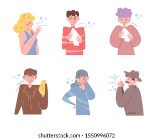 Sick, flu, cold, infection, germs, sneezes, aerobic Vector. Cartoon. Isolated art on white background. Flat