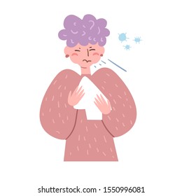 Sick, flu, cold, infection, germs, sneezes, aerobic Vector. Cartoon. Isolated art on white background. Flat