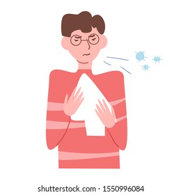 Sick, flu, cold, infection, germs, sneezes, aerobic Vector. Cartoon. Isolated art on white background. Flat