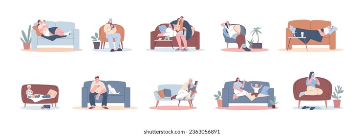 Sick flu and recovery people. Adults and kids on couch and chairs with cold at home. Patients, headache and high temperature, kicky vector set