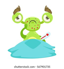 Sick Funny Monster With Fever In Bed, Green Alien Emoji Cartoon Character Sticker