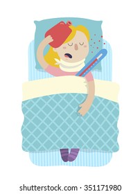 Sick girl in bed with high fever. Vector flat design illustration. Health concept. Isolated on white background