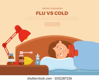 Sick girl in bed with the symptoms of  cold, flu. Cartoon vector character on pillow with blanket and scarf, medicine, lemon, thermometer. Illustration of unhealthy woman with a high fever, headache. 
