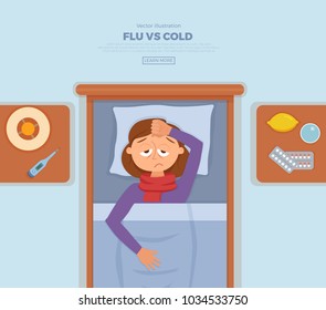 Sick girl in bed with the symptoms of  cold, flu. Cartoon vector character on pillow with blanket and scarf, medicine, lemon, thermometer. Illustration of unhealthy woman with a high fever, headache. 