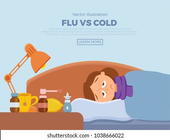 Sick girl in bed with the symptoms of  cold, flu. Cartoon vector character on pillow with blanket and scarf, medicine, lemon. Illustration of unhealthy woman with a high fever, headache. 